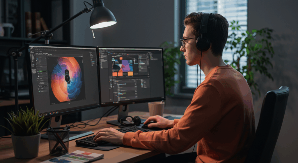 Worker using design tools