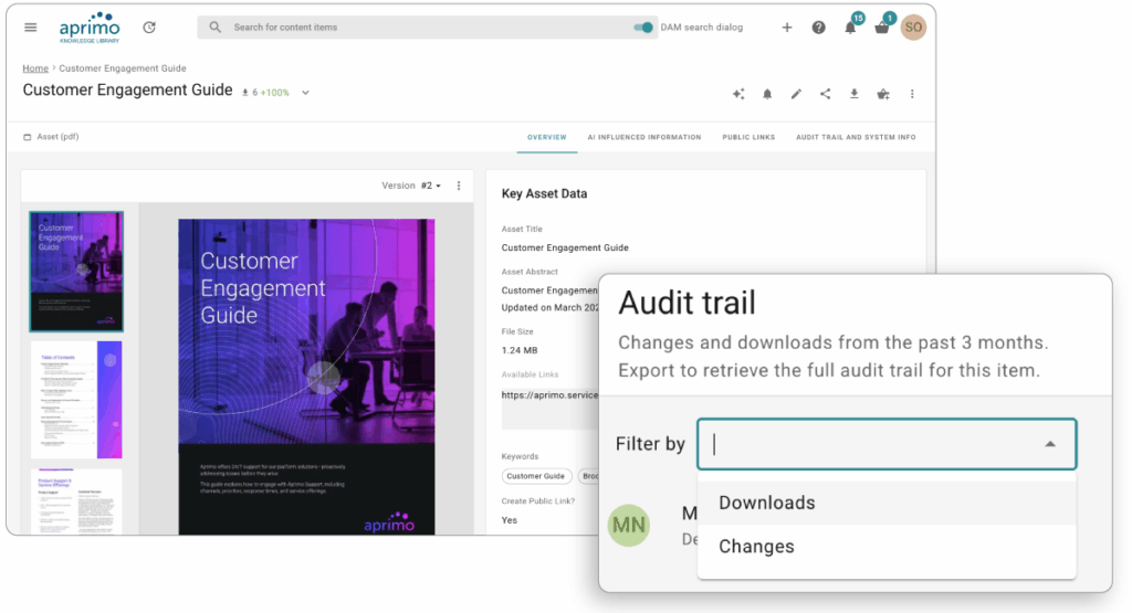 Aprimo DAM audit trail showing asset activity history.