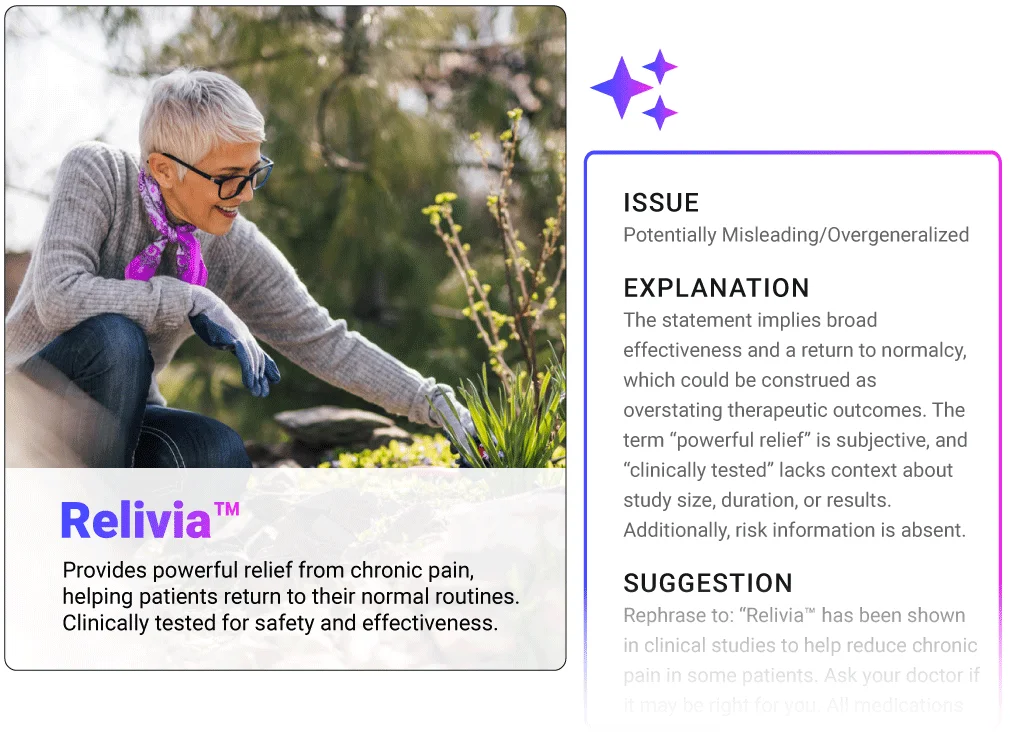 AI-powered compliance review in Aprimo DAM highlighting misleading healthcare claims and suggesting approved language to streamline content review and approval.