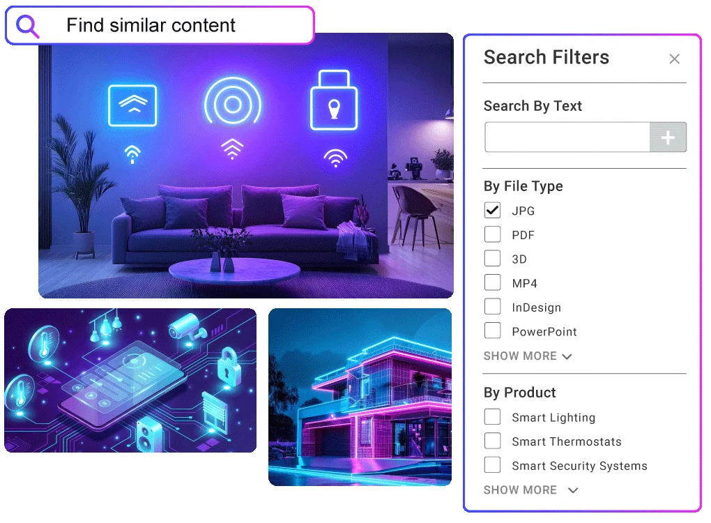 AI-powered search in Aprimo DAM showing automated metadata tagging, similar content discovery, and advanced filters for file type and product.