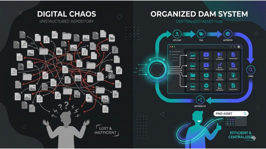Digital chaos vs organized DAM system 