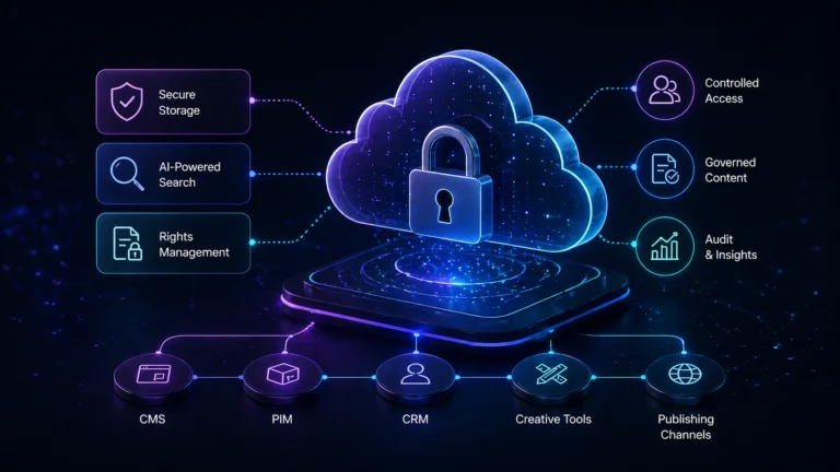 Secure cloud storage centralizes protected assets, governed access, and connected content workflows.