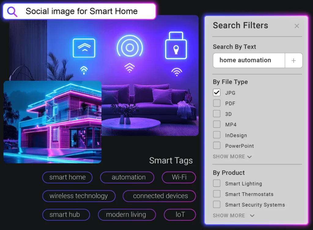 Smart home search filters interface with neon-styled background and product filtering options